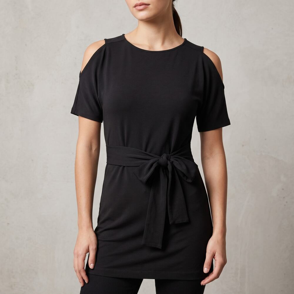 Express Women's Cold Shoulder Tie Waist Tunic Top Black Short Sleeve Modern XS
